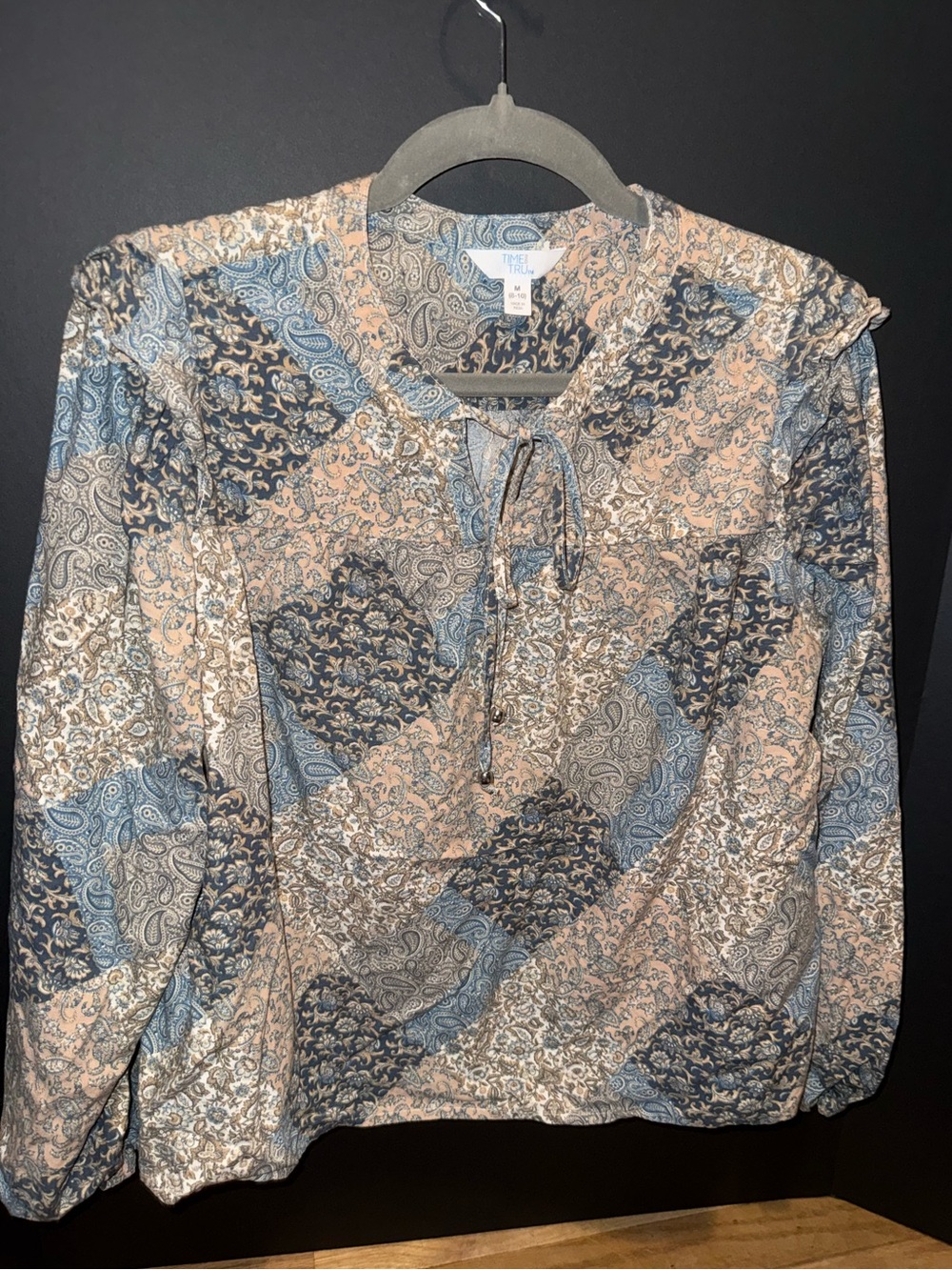 Time and Tru Blue & Cream Paisley Tie-Front Blouse